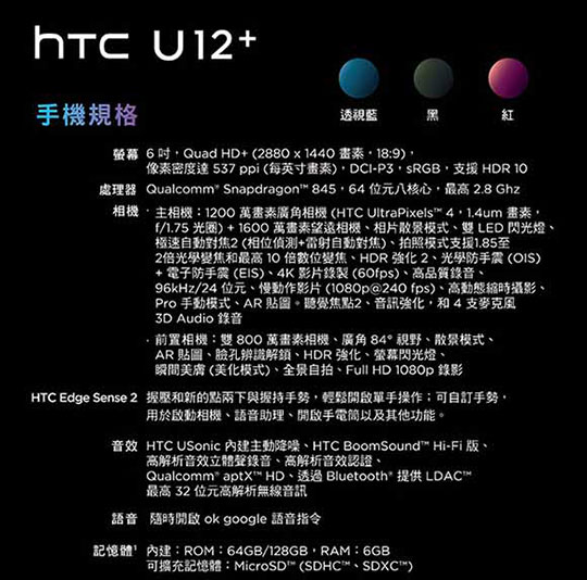 HTC U12+ (6G/128G) 6吋2K+全屏四鏡頭旗艦機