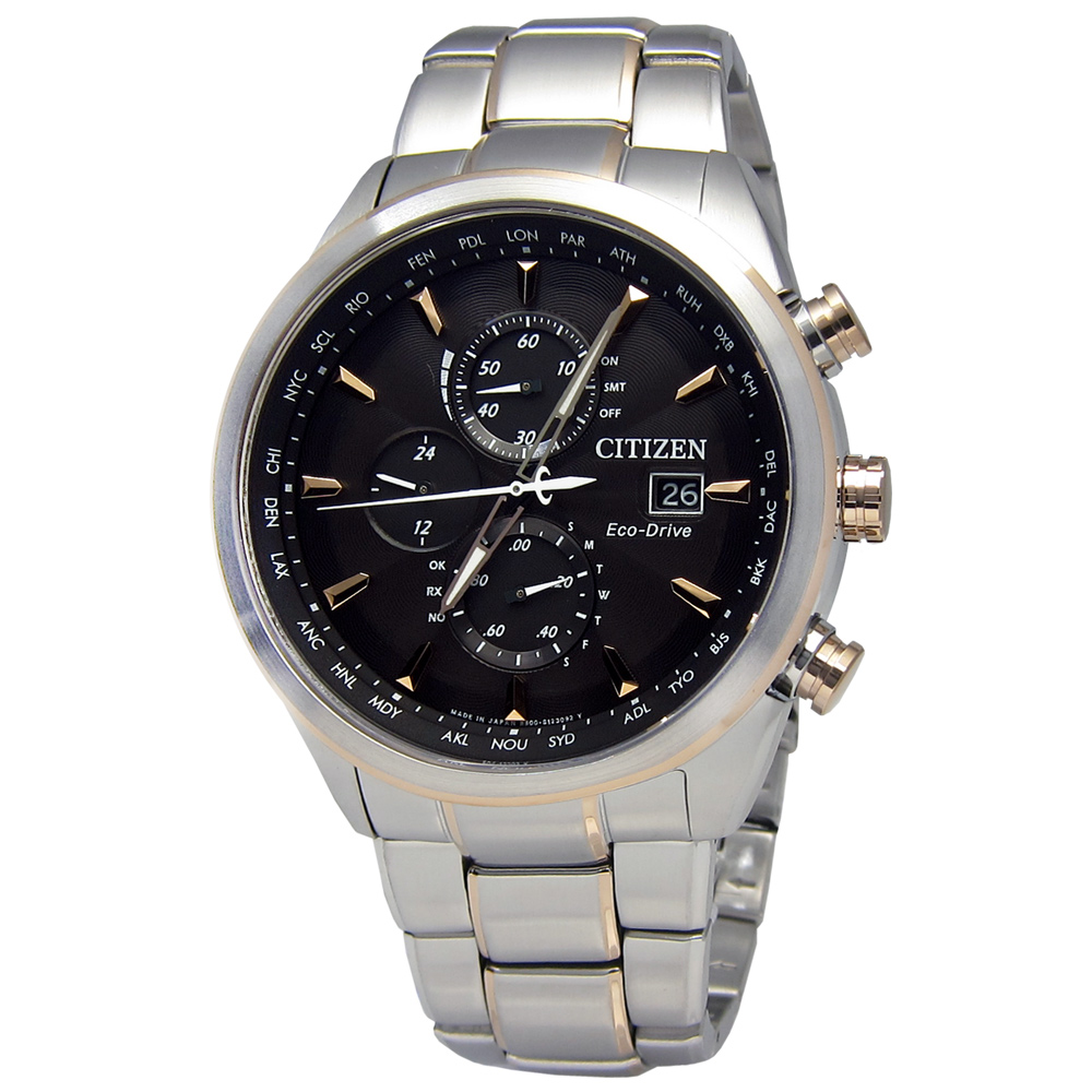 CITIZEN 紳士世界時間電波光動能手錶(AT8016-51E)-黑色/43mm