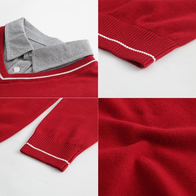 Hang Ten - 男裝 - 假兩件條紋襯衫毛衣 - 紅