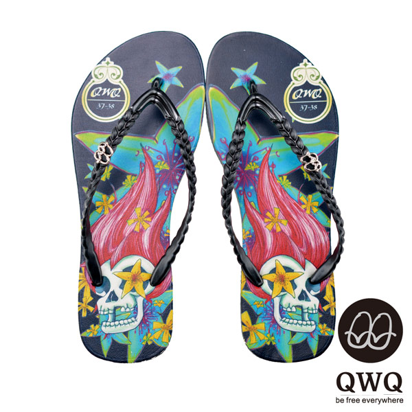 QWQ夾拖的創意(女) - 搖滾塗鴉 Skeleton夾腳拖鞋-永生黑