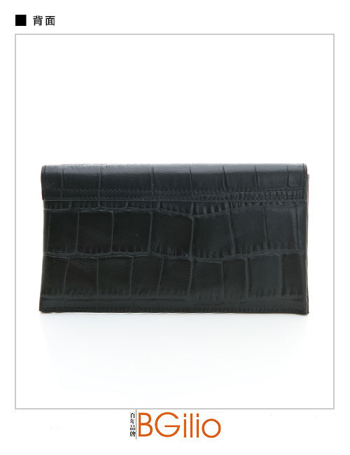 【義大利BGilio】- 鱷魚紋牛皮西式信封長夾(活動式內夾層) 黑色1453.328