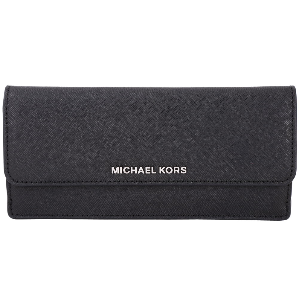 Michael Kors Jet Set Travel 銀字防刮牛皮釦式扁長夾(黑色)