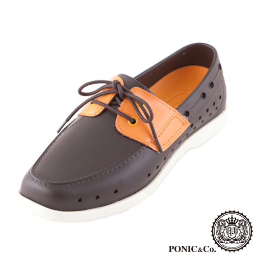 (男/女)Ponic&Co美國加州環保防水洞洞綁帶帆船鞋-深咖啡色