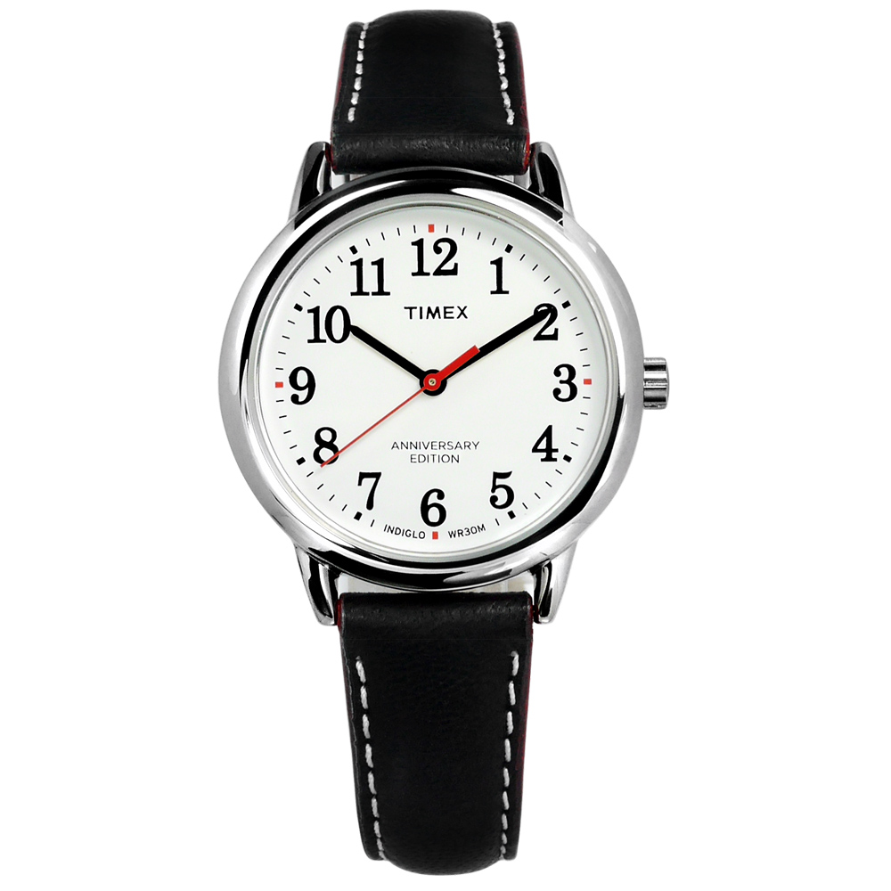 TIMEX 天美時 40週年美國指標復古數字時刻防水真皮手錶-白x黑/30mm
