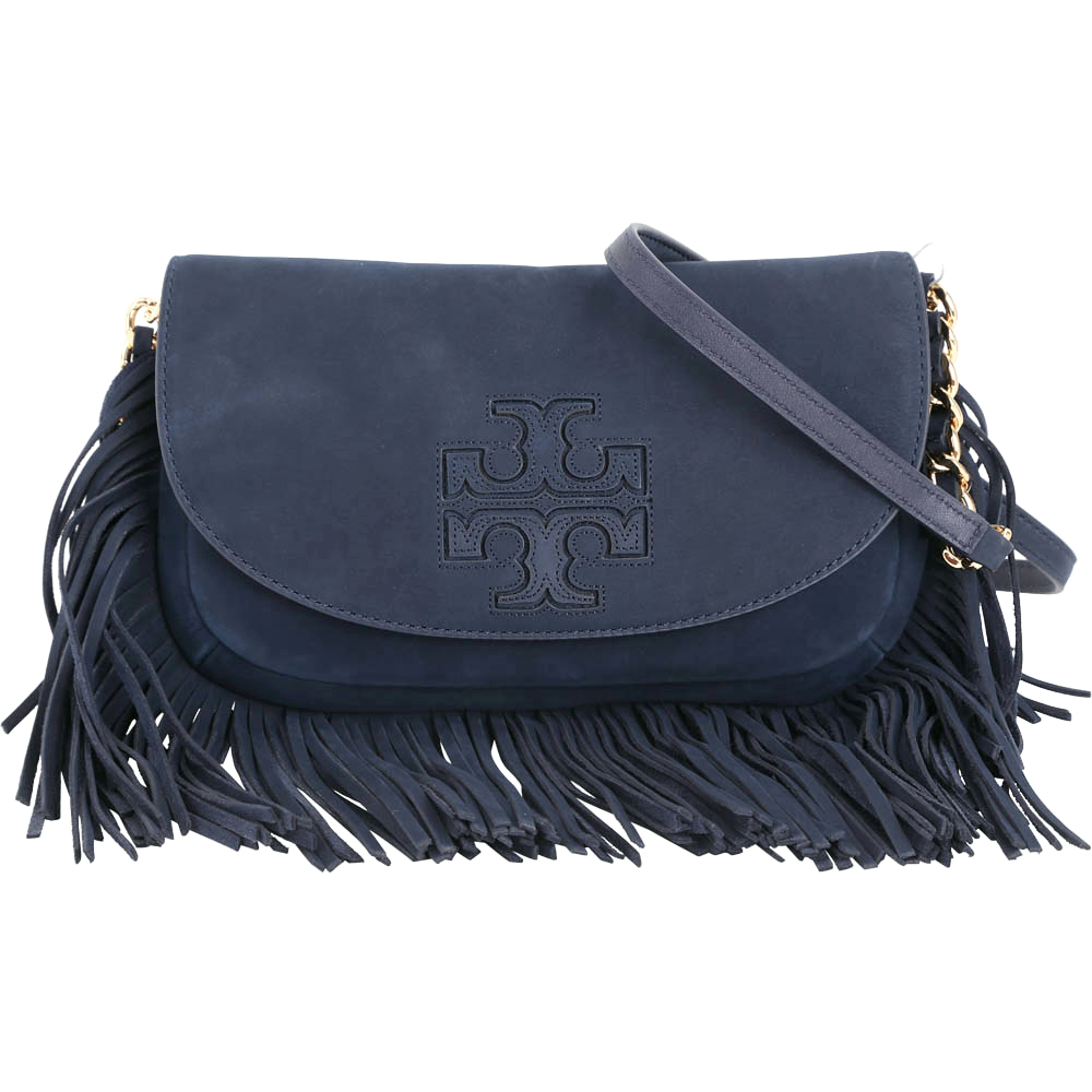 TORY BURCH Harper Fringe 雙T浮雕流蘇飾麂皮斜背包(深藍色)