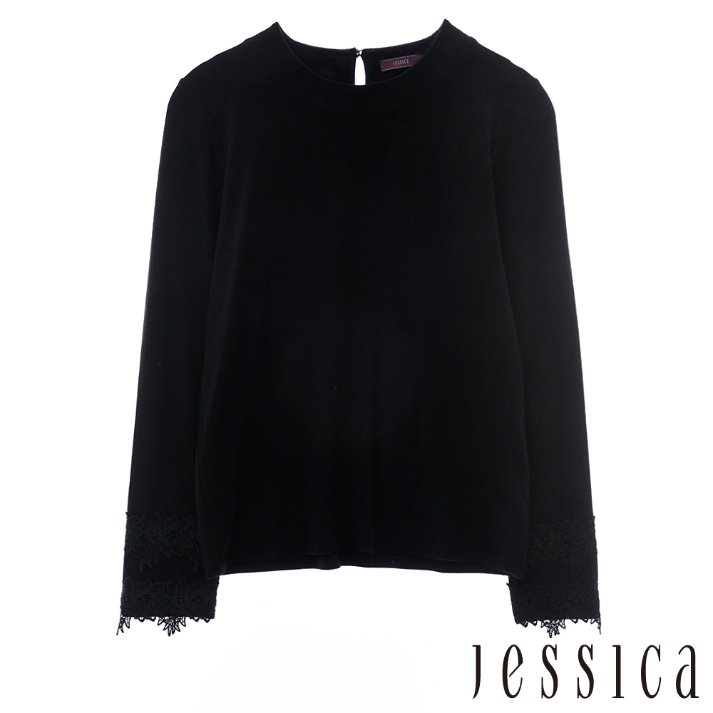 JESSICA-簡約慵懶蕾絲圓領上衣(黑)
