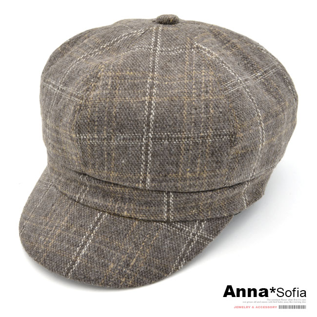 【滿額再75折】AnnaSofia 復古線格絨面 混棉報童帽貝蕾帽(褐咖系)