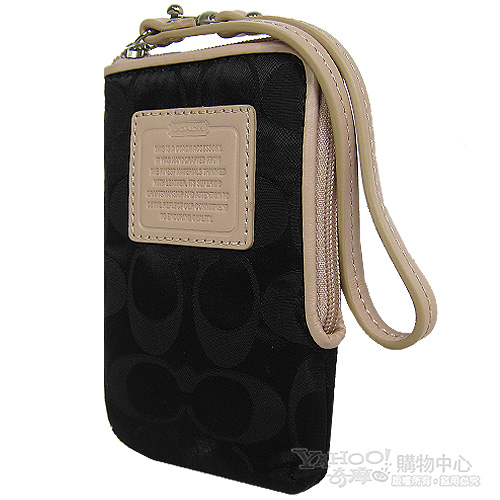 COACH 小C logo 尼龍款皮革飾邊手機袋(黑)