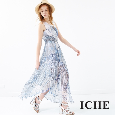 ICHE 衣哲 雪紡印花拼接長洋裝