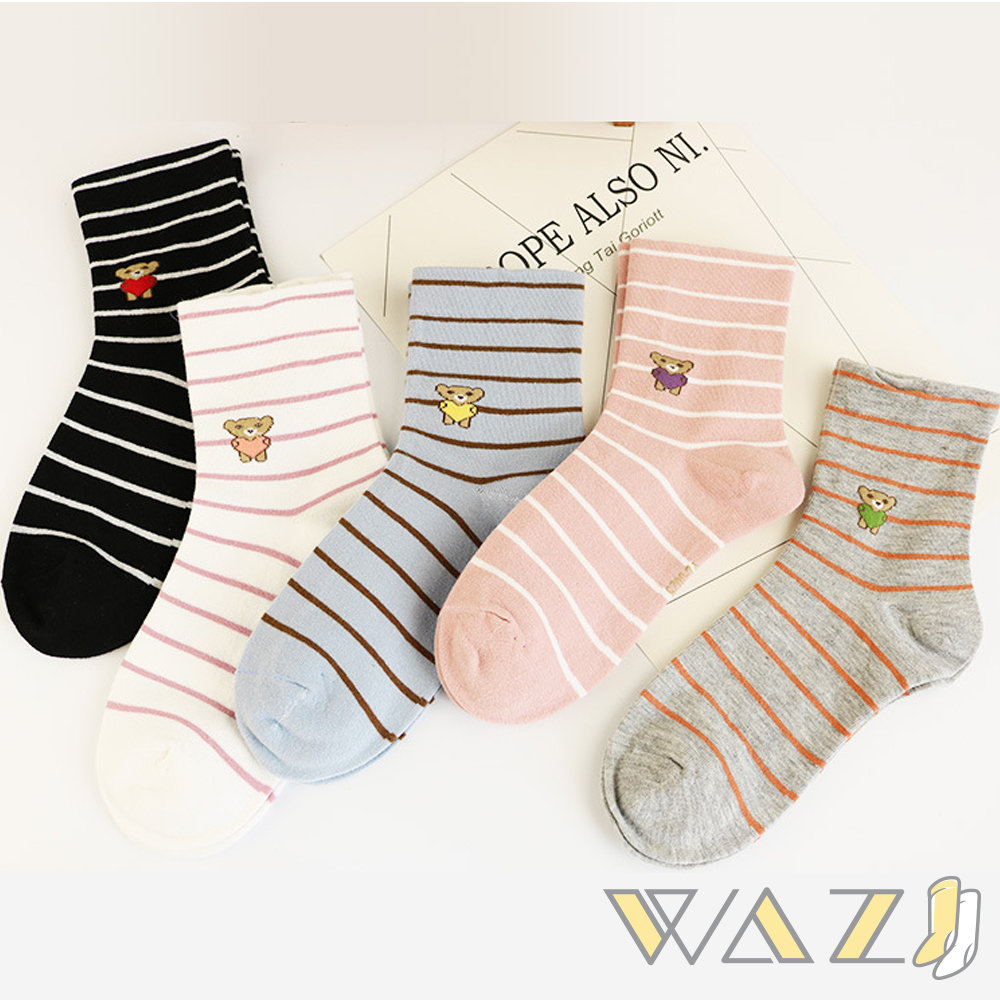 Wazi-條紋小熊鬆口中筒襪 (1組五入)