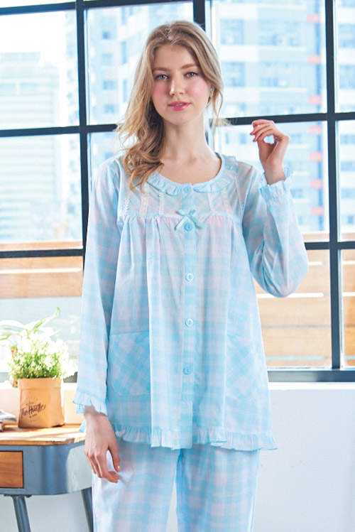 睡衣 精梳棉平織薄長袖兩件式睡衣(R77202-5淺水藍格紋) 蕾妮塔塔