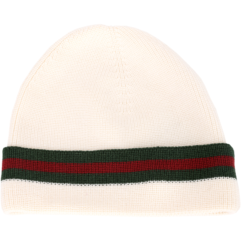 GUCCI 經典綠紅綠織帶反褶設計針織毛帽(米白色/70%LANA)