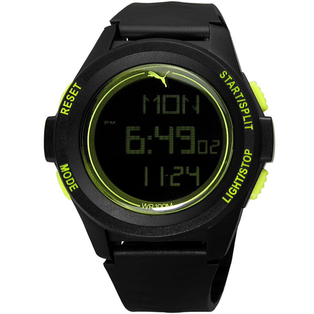 PUMA 勁電派對運動電子腕錶-黑x螢光綠/44mm