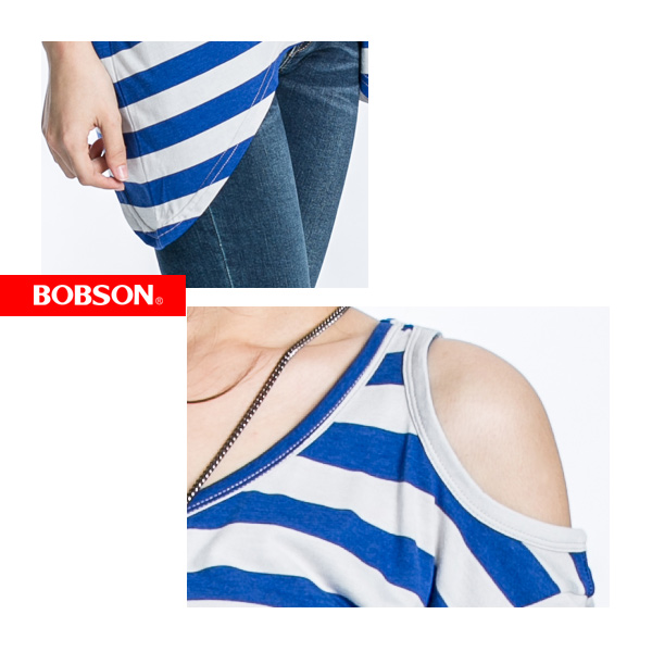 BOBSON 女款裸肩條紋短袖上衣(藍23090-54)