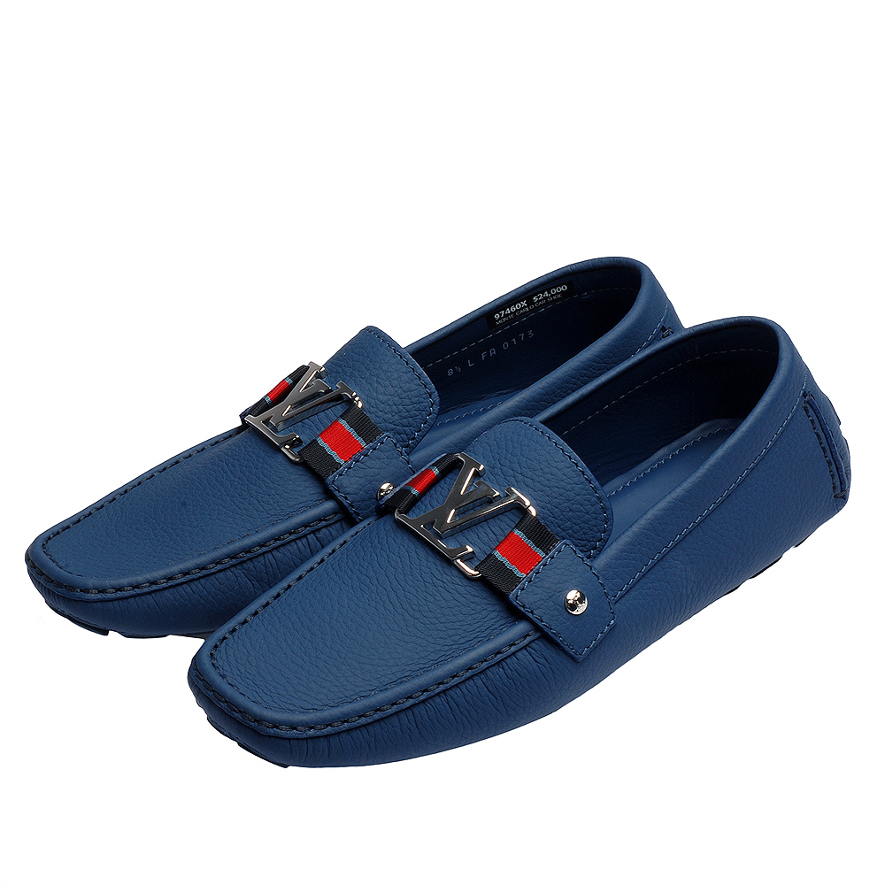LV FA0173 品牌金屬LOGO牛皮雙織帶賽車鞋(海軍藍-8.5號)