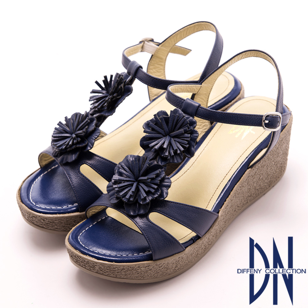 DN 簡約率性  真皮個性花飾MIT厚底涼鞋 藍