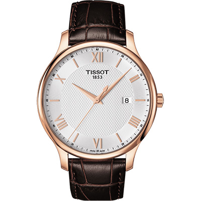 TISSOT 天梭 官方授權 Tradition 羅馬經典大三針石英腕錶 新春送禮-玫瑰金框x咖啡/42mm T0636103603800