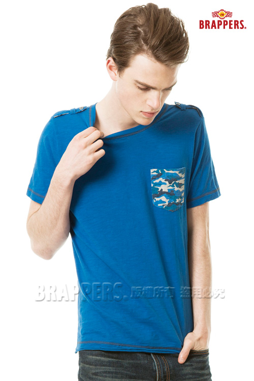 BRAPPERS 男款迷彩印花口袋短袖T恤-寶藍
