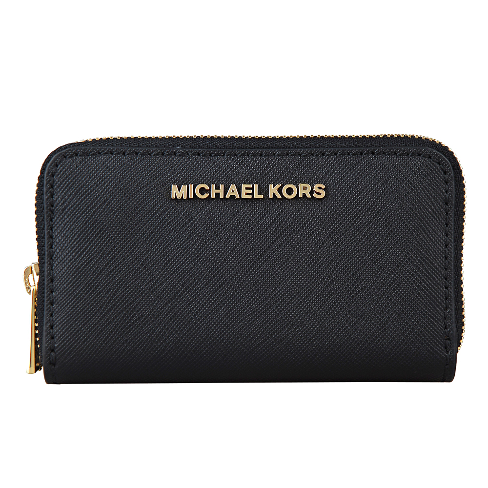 MICHAEL KORS JET SET TRAVEL金字防刮牛皮雙層拉鏈零錢包(黑)