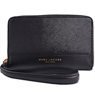 MARC JACOBS 燙金LOGO防刮皮革拉鍊手拿/手機包-時尚黑