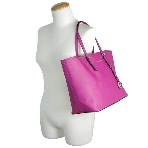 MICHAEL KORS 銀字素面防刮皮革托特包(大/桃紅)