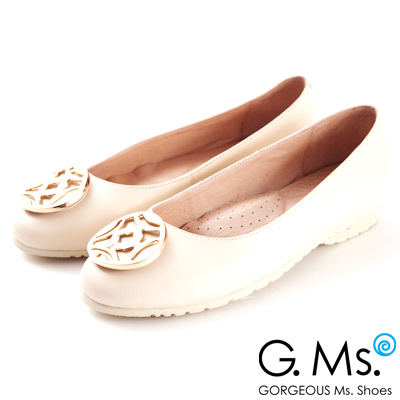 G.Ms. 金屬圓釦全真皮微坡跟娃娃鞋-  告白米
