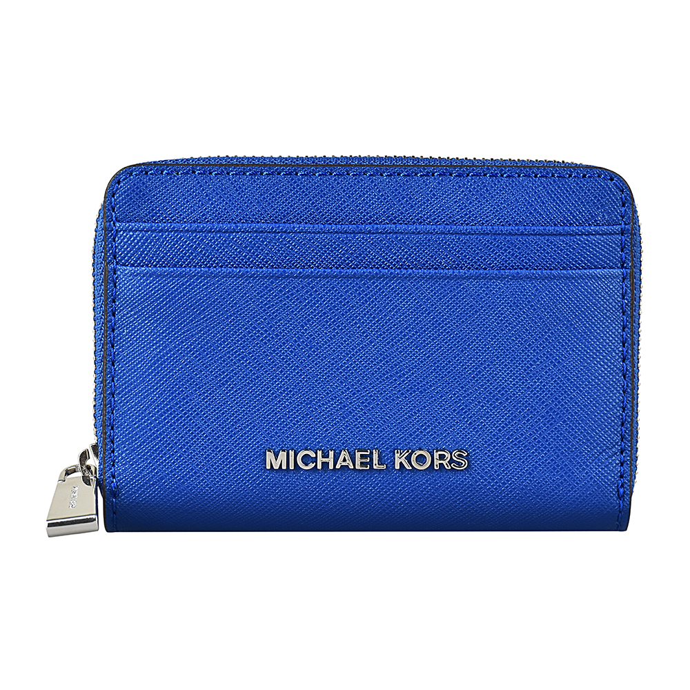 MICHAEL KORS MONEY PIECES銀字LOGO防刮皮拉鍊卡片零錢包(電光藍