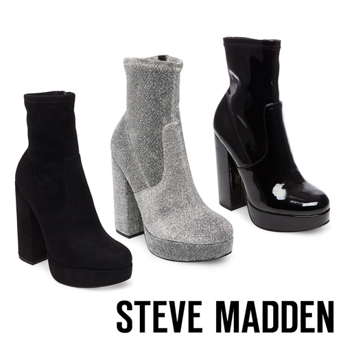STEVE MADDEN-STARDUST 素面厚底粗高跟短靴-鏡面黑