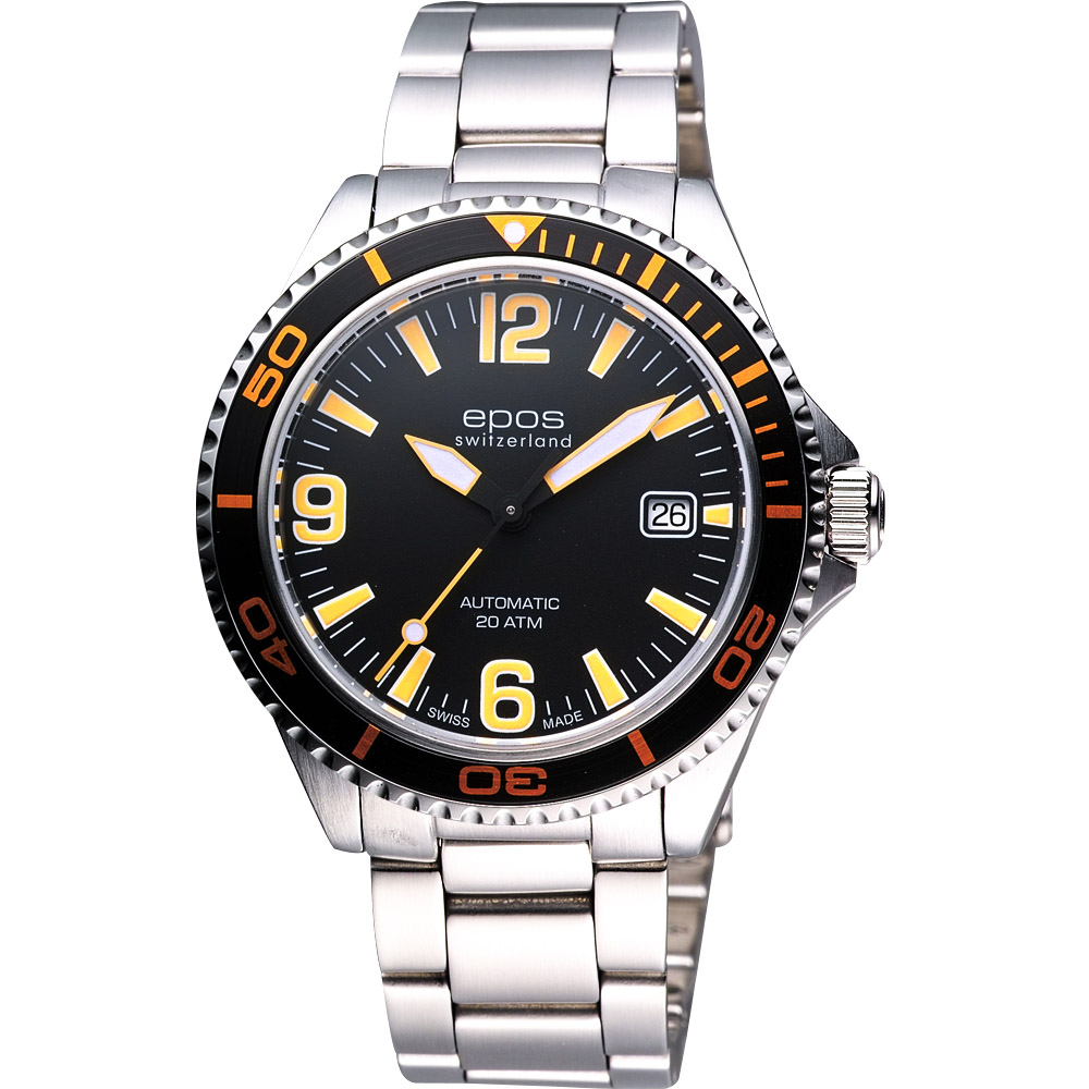 epos 深海探險家200米潛水機械錶-黑/橘/41mm