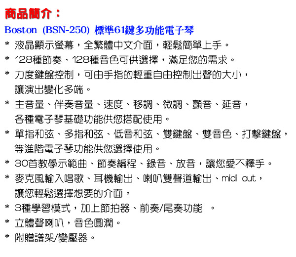 BOSTON 公司貨 標準61鍵可攜式電子琴(BSN-250)