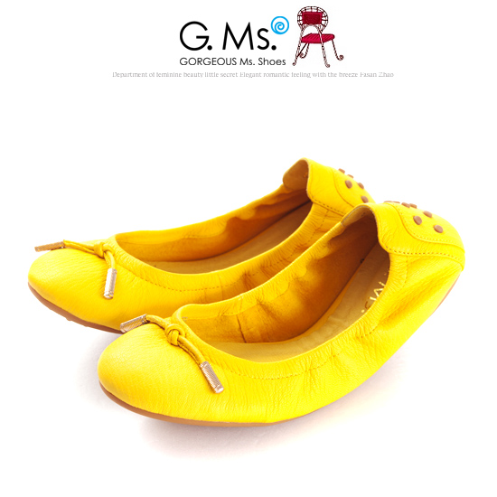 G.Ms. 輕旅行-全真皮單結蝴蝶結折疊豆豆鞋-香蕉黃