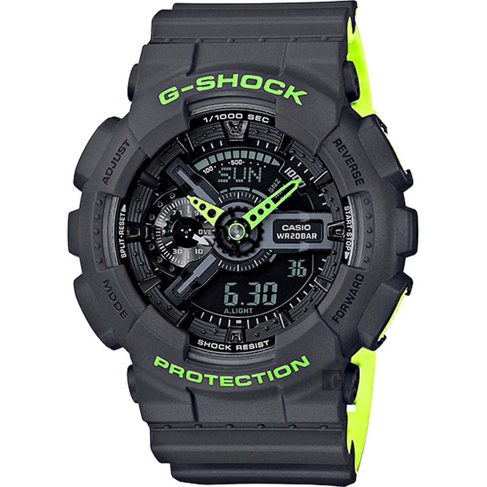 CASIO 卡西歐 G-SHOCK 螢光運動雙顯錶-灰x綠/55mm