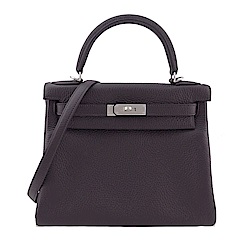 HERMES KELLY TC牛皮手提/肩背凱莉包(28CM/3W黑葡萄紫/銀釦)