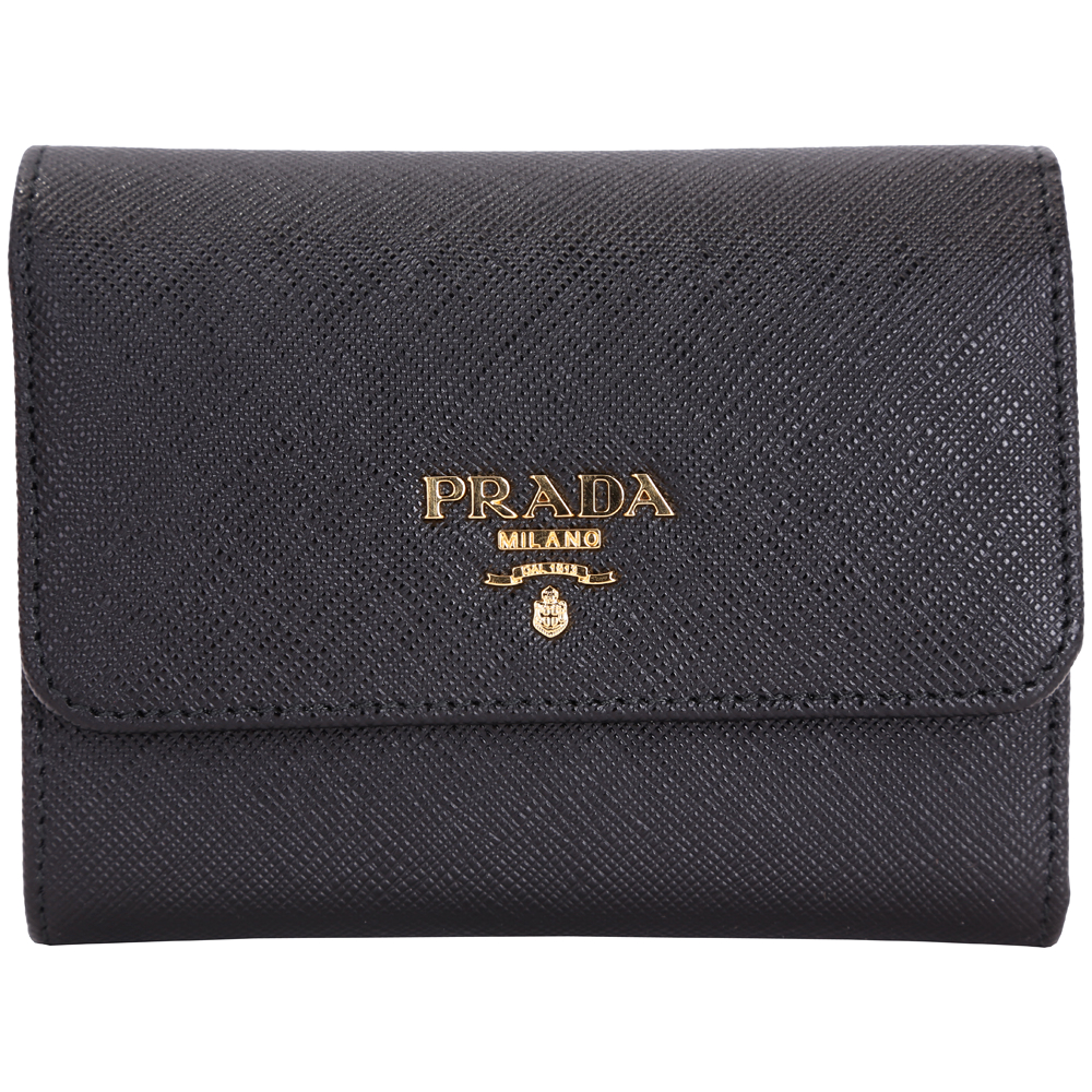 PRADA Saffiano 金字防刮牛皮三折式短夾(黑色)