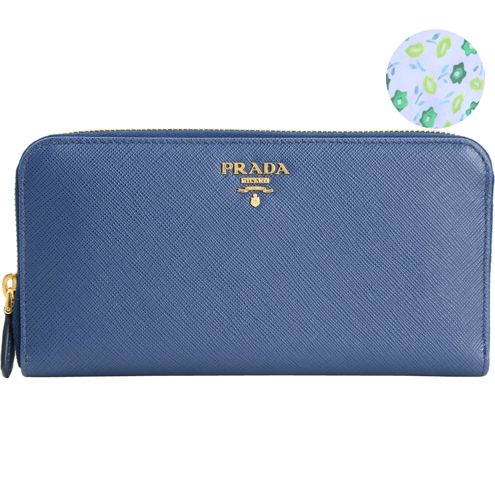 PRADA Saffiano Floral 防刮牛皮內印花拉鍊長夾(藍色)