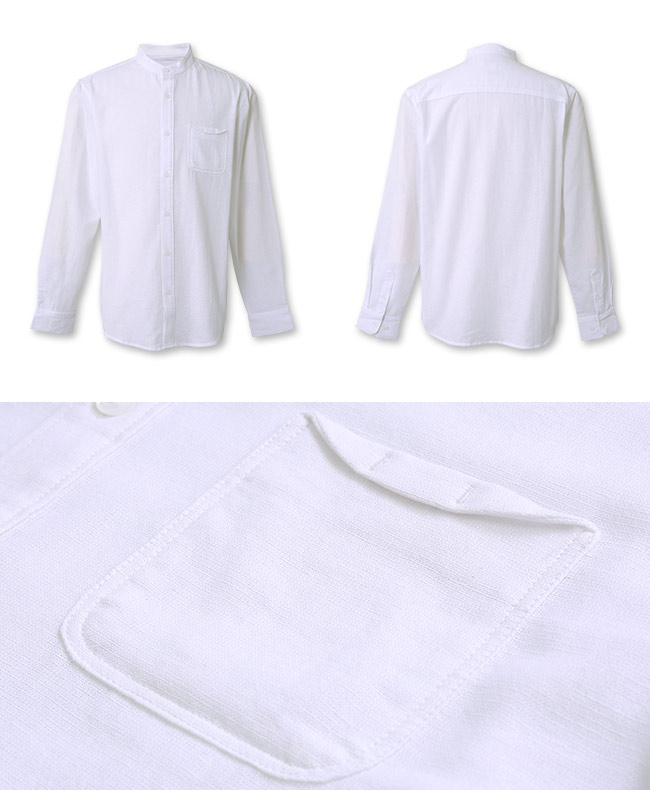 H:CONNECT 韓國品牌-男裝-立領小口袋長袖襯衫 - 白(快)