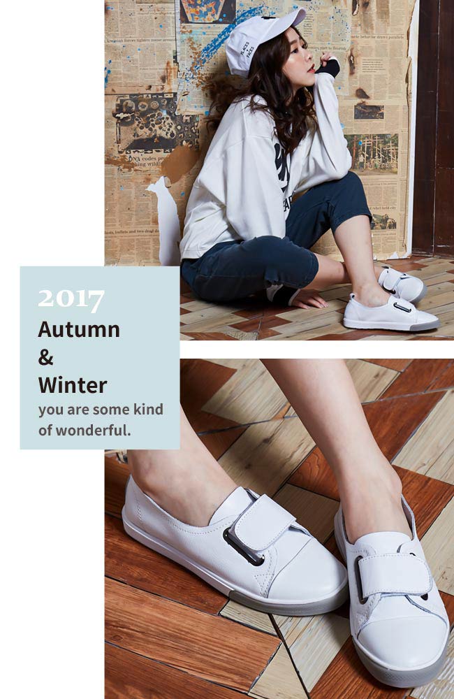 Hong Wa 日系撞色扣帶牛皮休閒便鞋 - 白