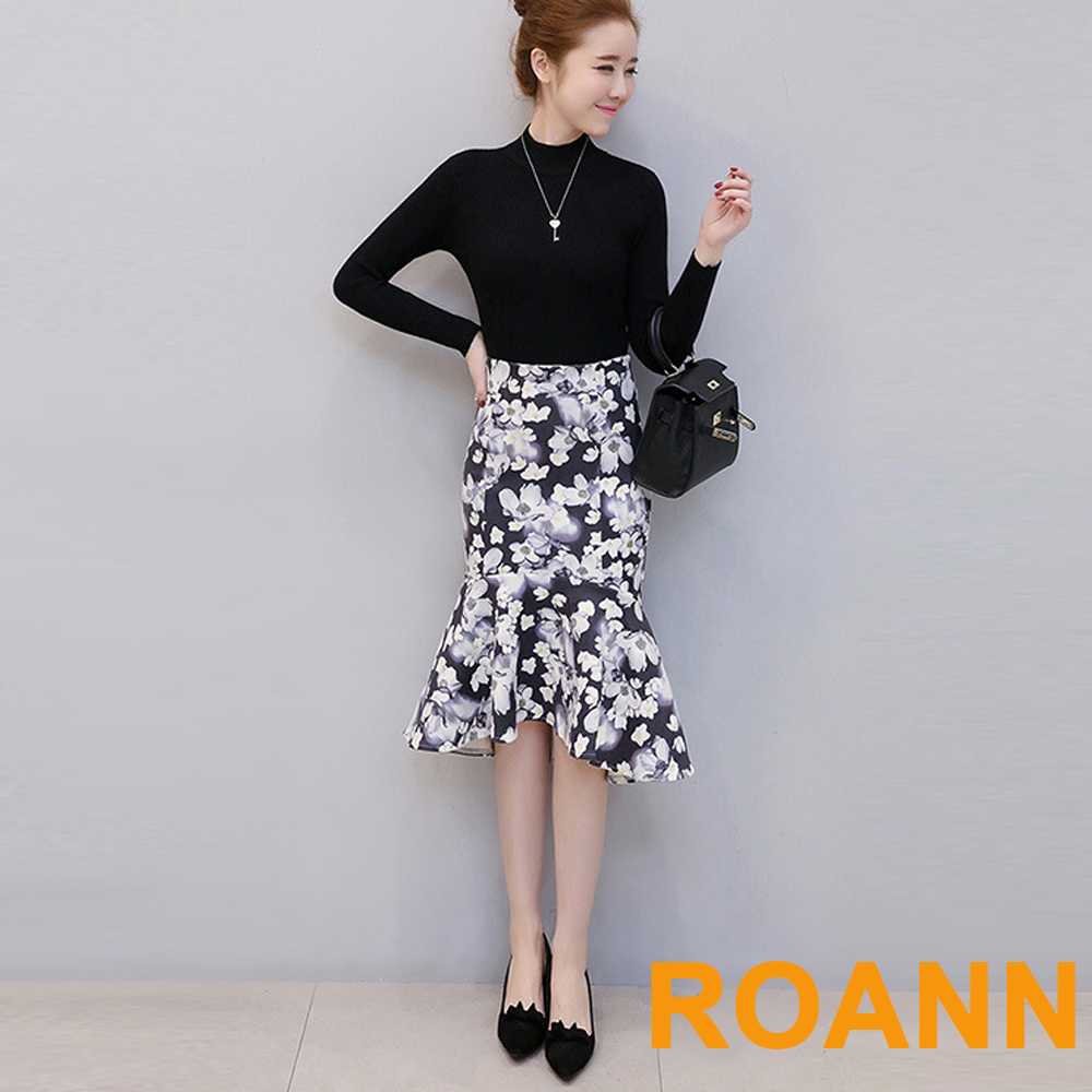 半高領針織衫+印花魚尾短裙兩件套 (黑色)-ROANN
