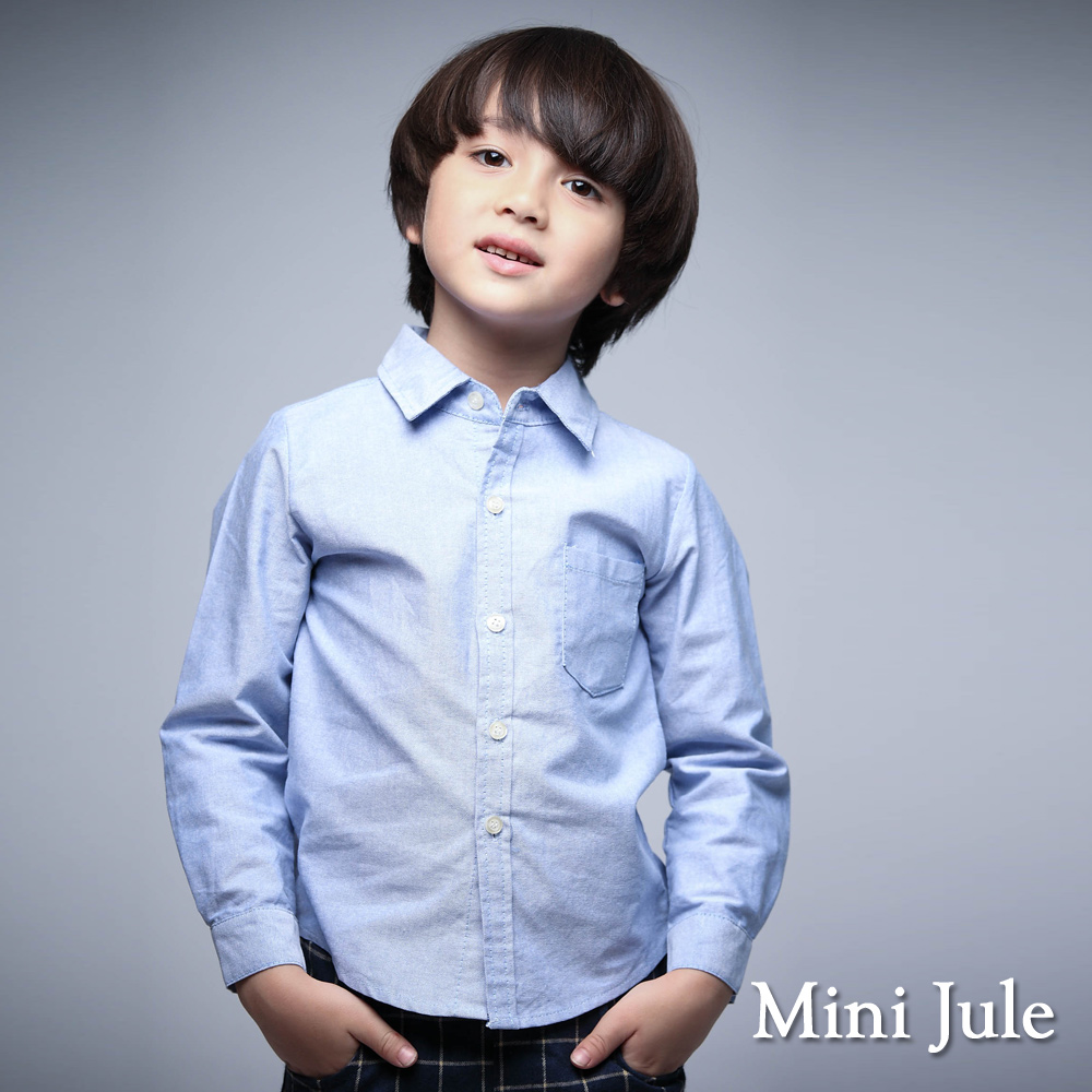 Mini Jule 童裝-襯衫 純色單口袋長袖襯衫(藍)