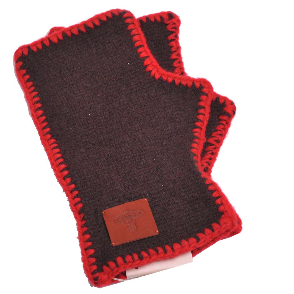 Vivienne Westwood 行星LOGO皮標造型滾邊露指羊毛手套(深咖啡底)