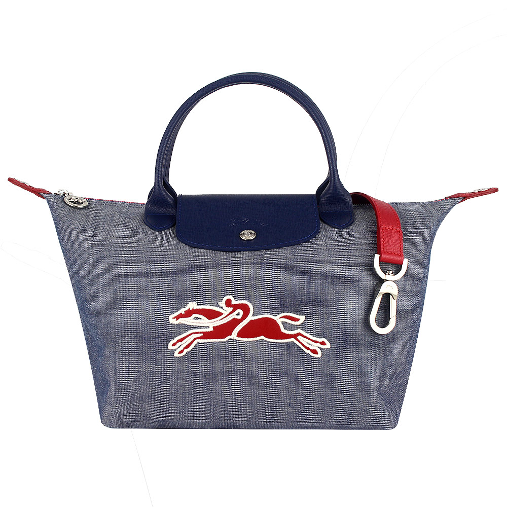 Longchamp Le pliage Neo 牛仔布短帶水餃包/斜背包(藍/小)