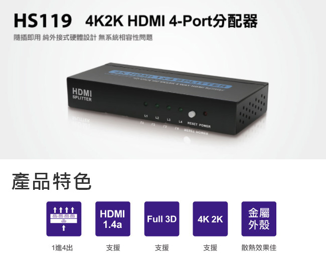 Uptech HS119 4K2K HDMI 4-Port分配器