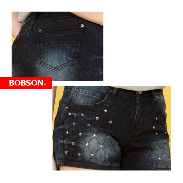 BOBSON 女款角鋁片牛仔短褲(藍53)