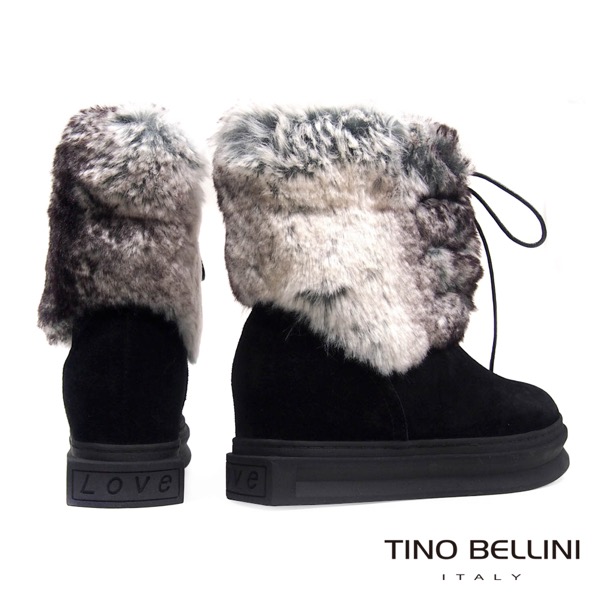 Tino Bellini 愛斯基摩混色兔毛厚底綁帶雪靴_黑