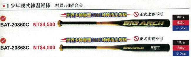 ZETT 日本少年硬式練習鋁棒 BAT-20860C