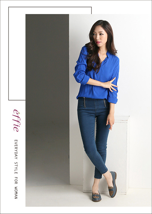 effie 都會舒適 全真皮動物紋通勤低跟鞋 藍色