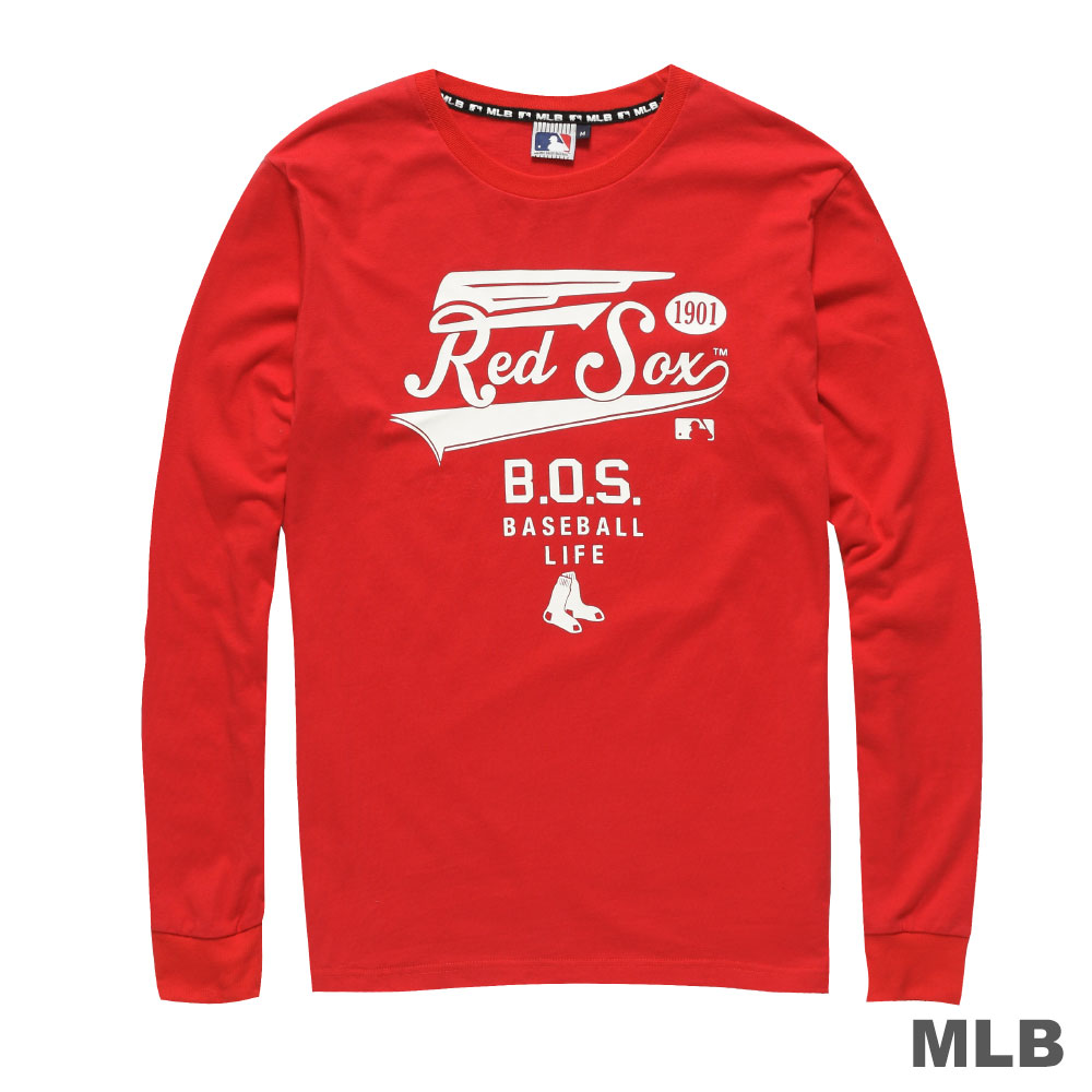 MLB-波士頓紅襪隊圓領單色印花長袖薄T恤-紅(男)
