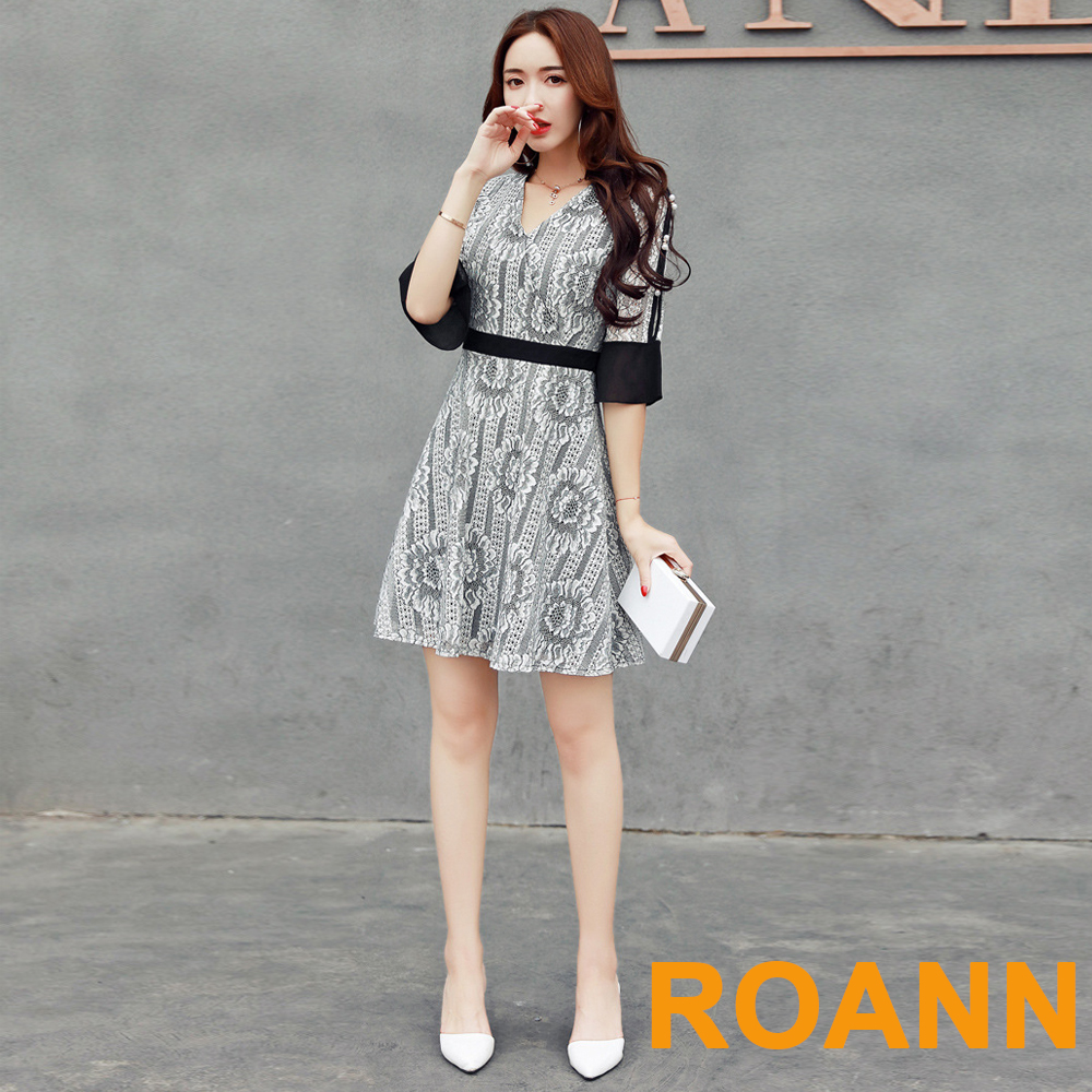 復古開衩袖撞色蕾絲洋裝 (灰色)-ROANN