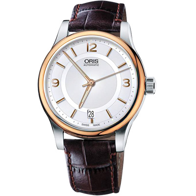 Oris Classic Date 經典都會時尚機械腕錶-銀x玫塊金框/42mm