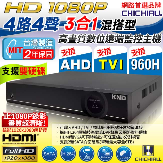 奇巧 4路1080P AHD-TVI 3合一雙硬碟款混搭型數位監控錄影主機